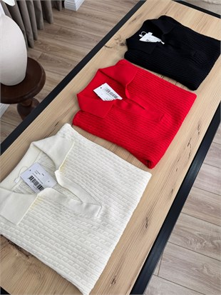 Ekru Polo Yaka Saç Örgülü Triko 264018