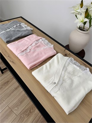 Ekru V Yaka Yakası Güpürlü Düğmeli Hırka 26407