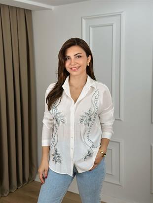 Ekru Yaprak Desenli Gömlek 10362