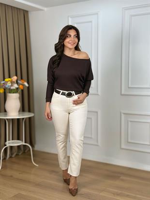Ekru Yüksek Bel Likralı Toparlayıcı Paçası Kesik Fit Mom Jean 764