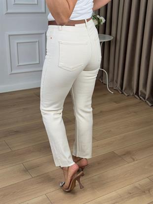 Ekru Yüksek Bel Likralı Toparlayıcı Paçası Kesik Fit Mom Jean 764