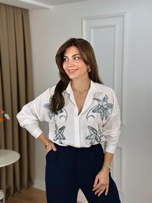 Ekru Zambak Nakışlı Gömlek 10352