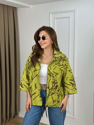 Fıstık Yeşili Dik Yaka Fermuarlı Cepli Astarsız Gabardin Ceket 6336