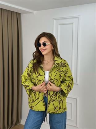 Fıstık Yeşili Dik Yaka Fermuarlı Cepli Astarsız Gabardin Ceket 6336