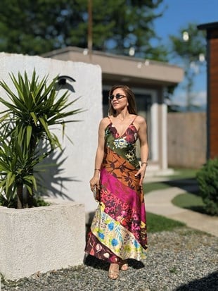 Fuşya V Yaka Askılı Patchwork Desenli Saten Elbise 26221
