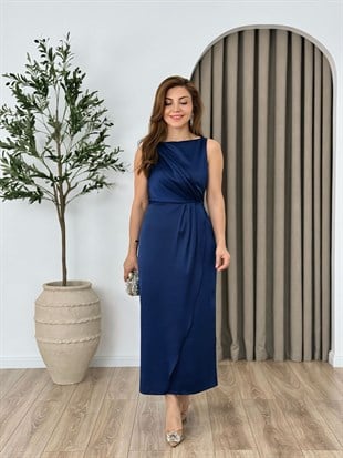 Gece Mavisi Sıfır Kol Yandan Fermuarlı Saten Elbise 25223