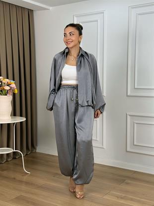 Gri Beli Lastikli Yarasa Kol Oversize Kalıp Ceket Pantolon Takım 26101