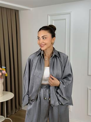 Gri Beli Lastikli Yarasa Kol Oversize Kalıp Ceket Pantolon Takım 26101
