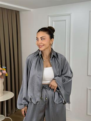 Gri Beli Lastikli Yarasa Kol Oversize Kalıp Ceket Pantolon Takım 26101