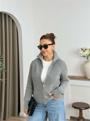 Gri Dik Yaka Fermuarlı Triko Hırka 26705