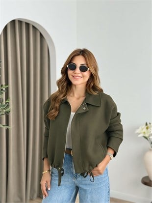 Haki Beli Büzgülü Fermuarlı Astarlı Ceket 6373
