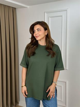 Haki Bisiklet Yaka Double Kol Yandan Yırtmaçlı Modal Kumaş Tshirt 26131