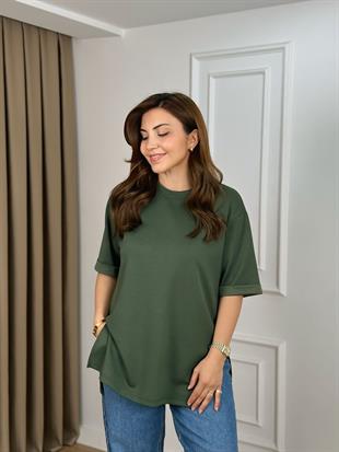 Haki Bisiklet Yaka Double Kol Yandan Yırtmaçlı Modal Kumaş Tshirt 26131