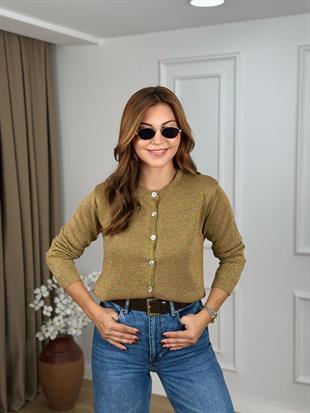 Haki Bisiklet Yaka Simli Triko Hırka 251057