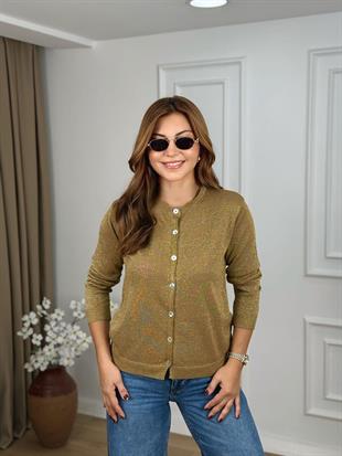 Haki Bisiklet Yaka Simli Triko Hırka 251057