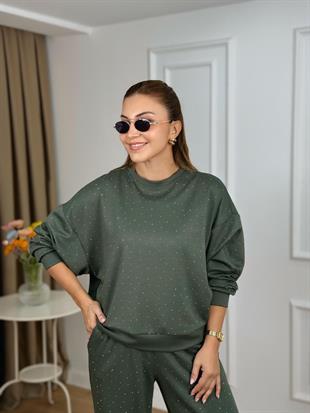 Haki Bisiklet Yaka Taşlı Modal Kumaş Takım 26116