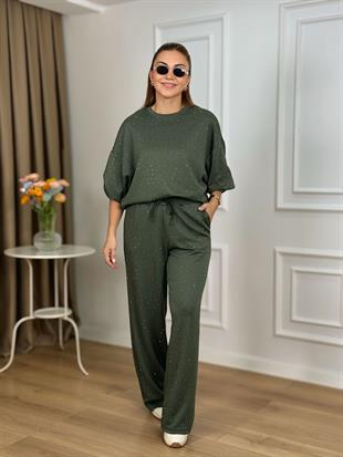 Haki Bisiklet Yaka Taşlı Modal Kumaş Takım 26116