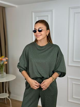 Haki Bisiklet Yaka Taşlı Modal Kumaş Takım 26116