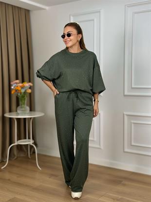 Haki Bisiklet Yaka Taşlı Modal Kumaş Takım 26116