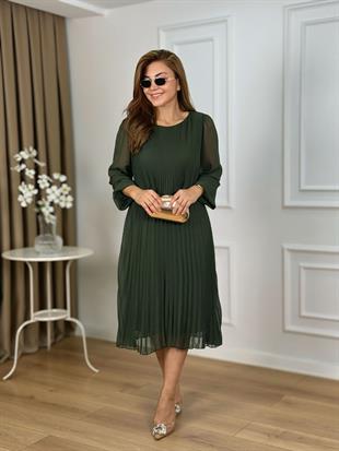 Haki Bisiklet Yaka Uzun kol Piliseli Astarlı Şifon Elbise 262657