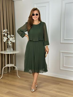 Haki Bisiklet Yaka Uzun kol Piliseli Astarlı Şifon Elbise 262657