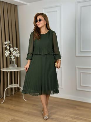 Haki Bisiklet Yaka Uzun kol Piliseli Astarlı Şifon Elbise 262657