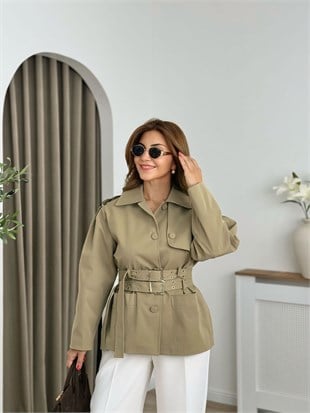 Haki Çift Kemerli Premium Kalite Astarlı  Trenchcoat 6374