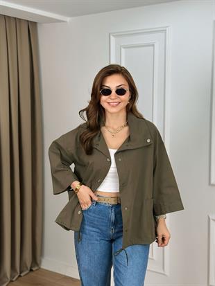 Haki Dik Yaka Çıtçıt Düğmeli Cepli Altı Büzgülü Ceket 500413