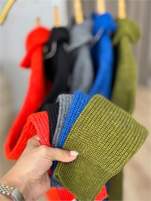 Haki Dik Yaka Fermuarlı Triko Kazak 25718