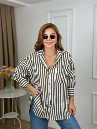 Haki Düğmeli Çizgili Gömlek 261121