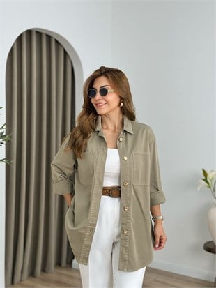 Haki Düğmeli Oversize Gömlek 6082