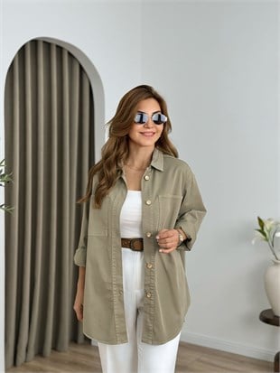 Haki Düğmeli Oversize Gömlek 6082