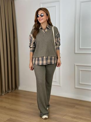 Haki Ekose Gömlek Garnili Fitilli Kaşkorse Takım 36596