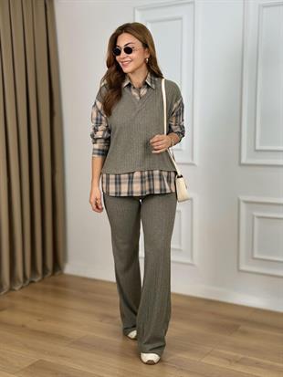 Haki Ekose Gömlek Garnili Fitilli Kaşkorse Takım 36596