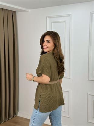 Haki Örgülü Triko Panço 2388