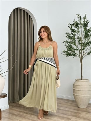 Haki Premium Seri%100 Pamuk Maxi Salaş Elbise 3173