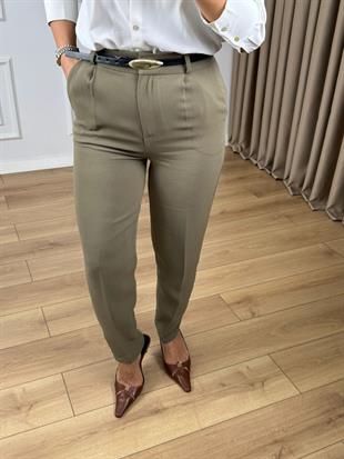 Haki Yüksek Bel Kemerli Havuç Paça Pantolon 3854