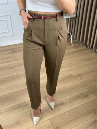 Haki Yüksek Bel Kemerli Kapaklı Cep Atlas Kumaş Pantolon 3706