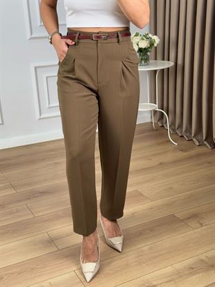 Haki Yüksek Bel Kemerli Kapaklı Cep Atlas Kumaş Pantolon 3706