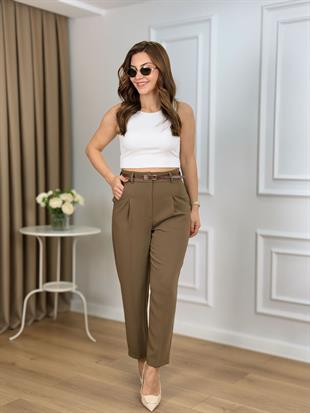 Haki Yüksek Bel Kemerli Kapaklı Cep Atlas Kumaş Pantolon 3706