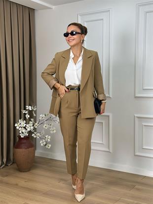 Haki Yüksek Bel Kemerli Yanları Cepli Pantolon 3790