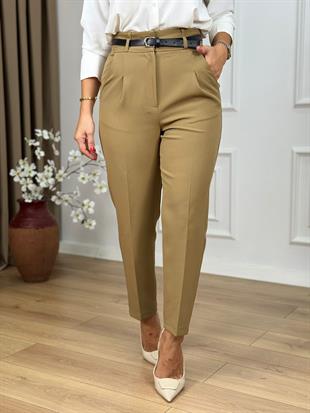 Haki Yüksek Bel Kemerli Yanları Cepli Pantolon 3790