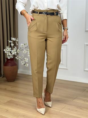 Haki Yüksek Bel Kemerli Yanları Cepli Pantolon 3790