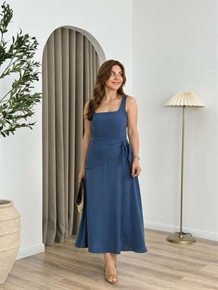 İndigo Mavi Kare Yaka Modal Tensel Kumaş Elbise 262300