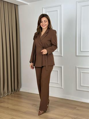 Kahve Bağlama Detaylı Ceket Pantolon Takım 1003