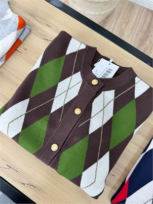 Kahve Baklava Desenli Premıum Kalite Triko Hırka 26400