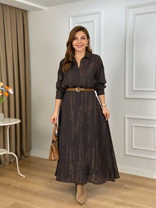 Kahve Batik Desenli Organik kumaş Astarlı Gömlek Etek Takım 5018