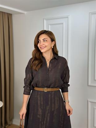 Kahve Batik Desenli Organik kumaş Astarlı Gömlek Etek Takım 5018