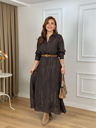 Kahve Batik Desenli Organik kumaş Astarlı Gömlek Etek Takım 5018