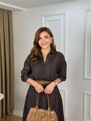 Kahve Batik Desenli Organik kumaş Astarlı Gömlek Etek Takım 5018
